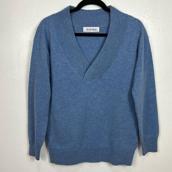 Oshlen V-Neck Blue Long Sleeve Sweater Soft Cashmere Wool Size L - Picture 2 of 10